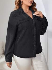 EMERY ROSE Camisa de Mezclilla de Manga Larga con Botones Delanteros, Bolsillo con Solapa y unicolor Minimalista Talla Grande - Negro - Ver 5