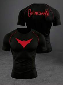BATMAN X SHEIN RISE LYT T-shirt de sport pour hommes avec imprimé de lettre de chauve-souris - Noir - Voir 1
