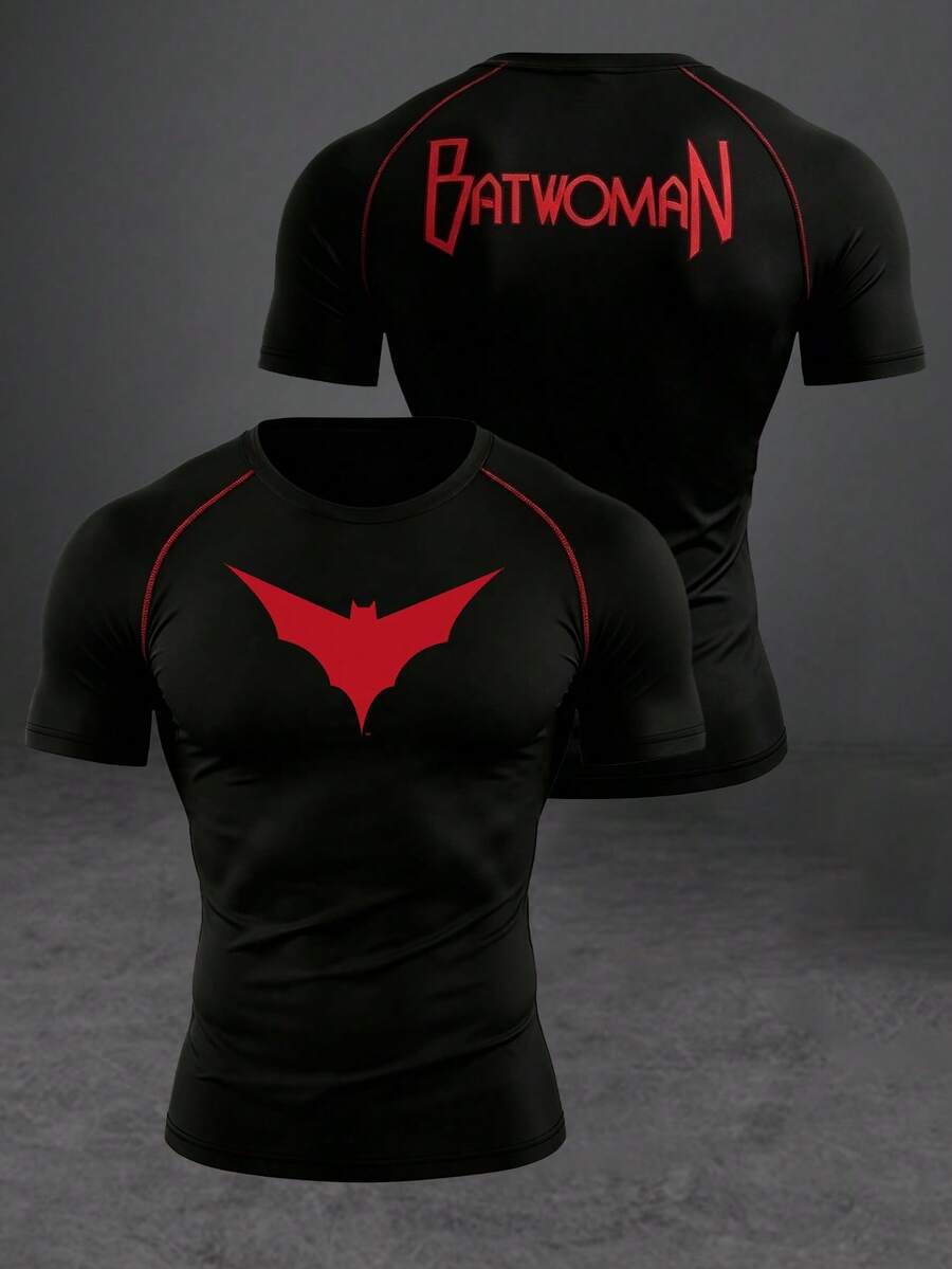 BATMAN X SHEIN RISE LYT T-shirt de sport pour hommes avec imprimé de lettre de chauve-souris - Noir - Voir 1