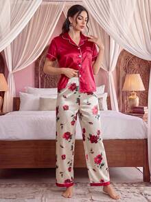 Jahmira Faux Silk Solid Color Collar Short Sleeve Top And Floral Elegant Pants Pajama Set - Multicolor - View 3