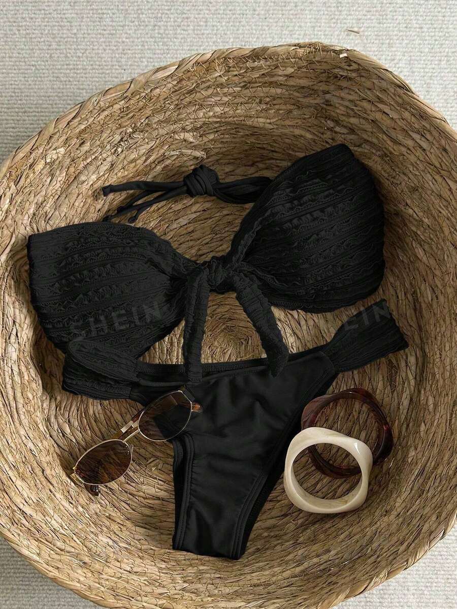 Swim Mod Women's Casual Vacation Beach Party Elegant Sexy Solid Color Special Fabric Bow Tube Top Two Pieces Thong Bikini Beachwear Valentine's Day Black - Black - View 1