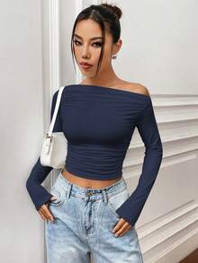 SHEIN Unity 純色不對稱領口＆百褶設計修身短袖t卹 - 藏蓝色 - 查看 4