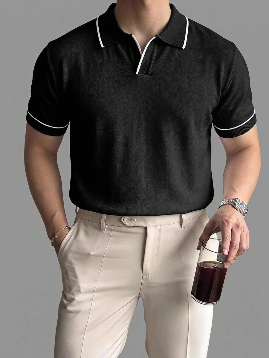 DAZY 夏季半拉鍊純色白色配黑邊男士針織上衣 - 黑色 - 查看 1