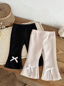 SHEIN Vintaside Kids 2件組女嬰休閒舒適微辣開衩長褲可愛蝴蝶結女嬰休閒長褲套裝 - 彩色 - 查看 4