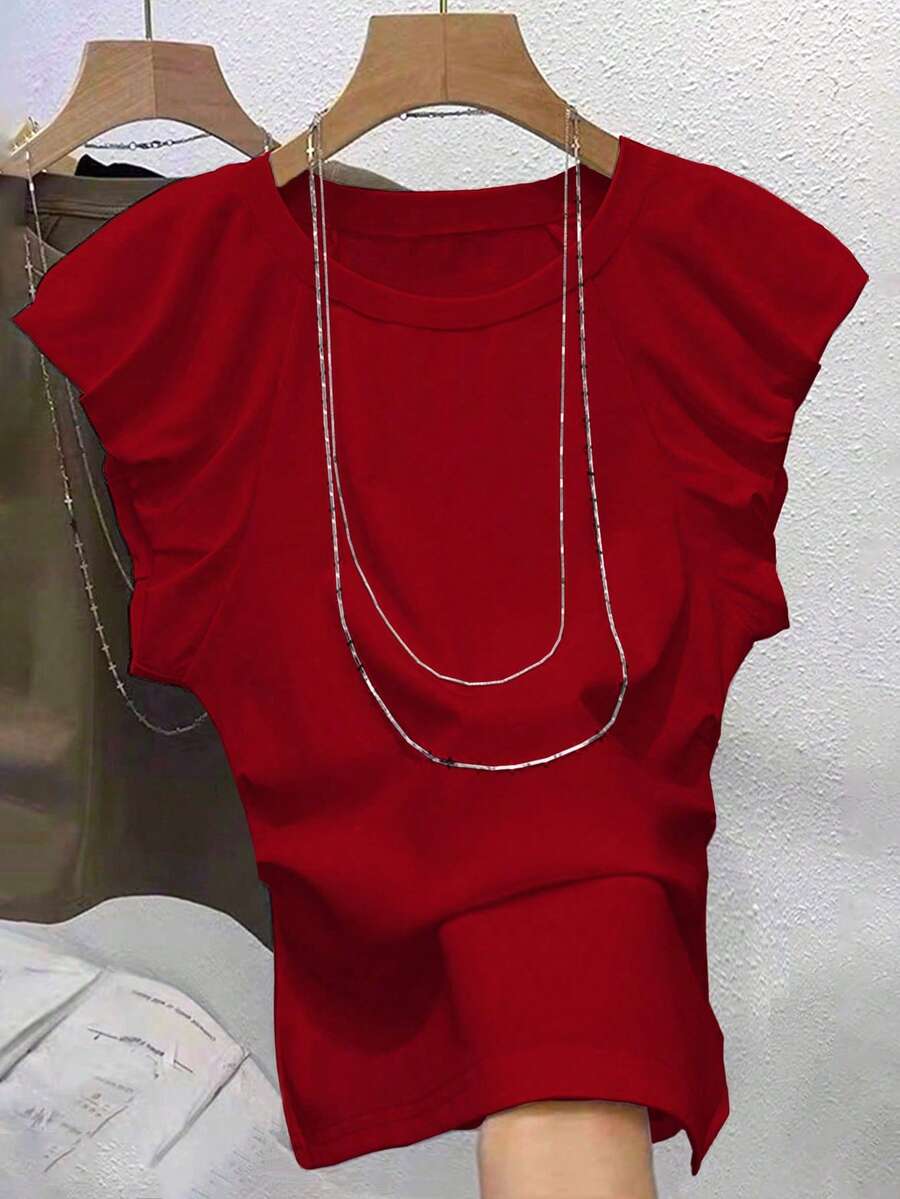 SHEIN LUNE 女士圆领短袖休闲纯色极简荷叶边灯笼袖T恤,夏季大学服装 - 紅色 - 查看 1