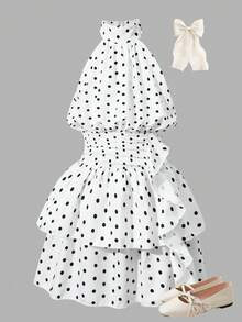 SHEIN 青少年女孩白色黑波點掛脖連身洋裝，內建短褲，後背蝴蝶結設計，抓皺腰部配側邊荷葉邊飾，雙層裙襬，無袖露肩度假風洋裝 - 黑與白 - 查看 7