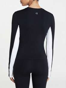 11SKNDS Long Sleeve Crew Neck Compression Top With Color Block Side Panels, Thumbhole Cuffs, Slim Fit Athletic Running Layer With Sweat-Wicking, Stretchy, Breathable, Quick-Dry & Buttery-Soft, For Gym Workout Fitness Yoga Pilates Studio, Training & Hy-Rox - Black and White - View 2