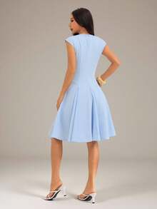 SHEIN PETITE Women's Solid Color Zip Design Cap Sleeve Elegant Mini Dress - Blue - View 3