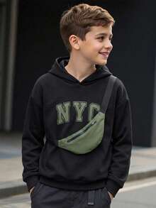 SHEIN 2 piezas/Set Sudadera con capucha de manga larga con estampado de letras casual para niños/adolescentes y bolsa de accesorios con patchwork colorido, adecuada para uso diario en otoño/invierno, deportes, salidas, escuela, fiestas, vacaciones, fotografía - Multicolor - Ver 2