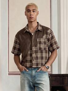 SWAVVY Spring/Summer Men's Patchwork Corduroy Short Sleeve Shirt - Khaki - View 2