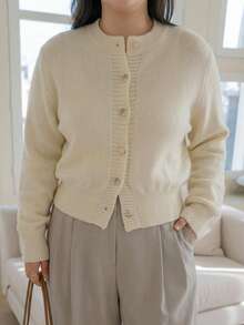 Dazy Plus Solid Color Casual Round Neck Elegant Versatile Cardigan Knit Sweater Autumn/Winter - Apricot - View 2