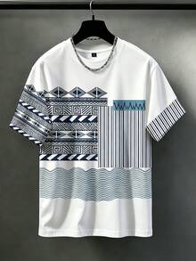 Manfinity Homme Casual Comfortable Plus Size Men's Fashion Versatile Geometric Striped Print Short Sleeve T-Shirt - Multicolor - View 4