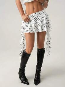 SHEIN ICON Women's Polka Dot Ruffle Hem Fashion Versatile Date & Travel Mini Skirt - Black and White - View 3
