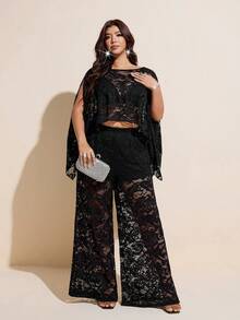 Viva Relle Plus Size Long Lace Shawl Elegant 2 Pieces Set Fall - Black - View 5