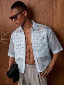 AKNOTIC Men's Single-Breasted Organza Woven Trim Short Sleeve Shirt - Baby Blue - View 8