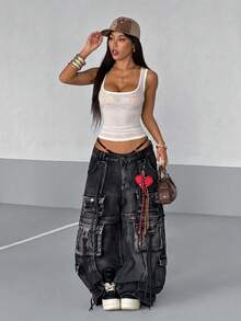 StreetHx Camiseta de tirantes con cuello cuadrado y decoración de strass con forma de pentágono blanca para mujer - Blanco - Ver 4