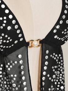 SHEIN ICON Women's Rivet Design Mesh Halter Neck Tank Top With Sexy Slit Hem - Black - View 11