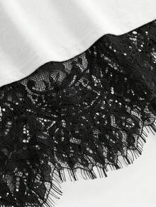 SHEIN 青少年女孩春/夏新款流行時尚休閒白色純色針織蕾絲拼接T恤洋裝 - 黑與白 - 查看 4