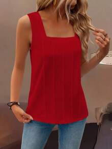 Zayélia Summer New Sleeveless Wide Strap Square Neck Loose Fit Slimming Women's Tank Top - Red - View 5