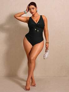 Elaquor Plus Size Elegant Sequin Tie-Up Fashion Vacation One-Piece Swimsuit Elegant Luxury Sequin Beach Vacation Swim Dress For Women Elegant Black Swim Dress - Black - View 4
