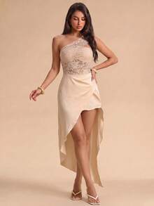 SHEIN Glamour Vestido midi de encaje color albaricoque con un hombro, vestido formal con abertura alta y envolvente asimétrica, vestido de noche elegante y ajustado, adecuado para graduación, baile de graduación y atuendos de invitada de boda - Albaricoque - Ver 6