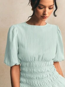 Poéselle 女款素色百褶休閒百搭日常上衣 - 薄荷藍 - 查看 4