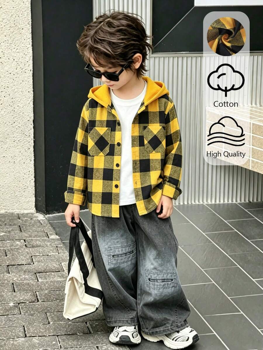 SHEIN Genkimix Kids Boys' Plaid Pattern Hooded Shacket, Spring/Autumn - Yellow - View 1