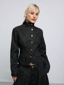 COUREZ Funnel Neck Jacket In Rinse Wash Denim/Y2K Jean Jacket Jean Tops For Women Cute Tops Long Sleeve Tops Concert Outfit Women Club Outfits For Women Fall - Black - View 2