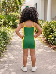女童 BRAZIL 字母圖案對比滾邊連身褲，黃色夏季街頭風 - 彩色 - 查看 7