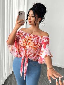 Elenzga Plus Size Women's Casual Floral Print Tie-Front Off-Shoulder Blouse - Multicolor - View 1