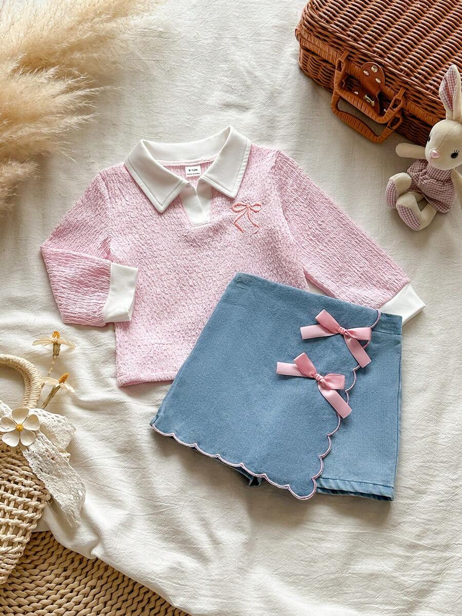 Vintaside Kids 2pcs/Set Baby Girl Comfortable Casual Fashion Pink Textured Fabric Contrast White Collar Cute Bow Embroidery Long Sleeve Top And Denim Shorts 3D Bow Fashion Versatile Two Pieces Outfit Suitable For Spring And Autumn Daily Wear - Multicolor - View 1