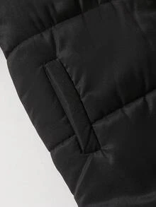 SHEIN 青少年女孩秋冬純黑色連帽填充外套，黑色毛領、黑色鈕扣，中長版寬鬆版型，收腰蝴蝶結設計，百搭填充外套 - 黑色 - 查看 8