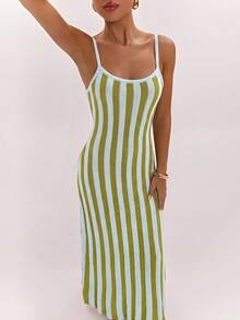 SHEIN BAE Rochie cami bodycon elastică pentru femei, stil matur, cu efect de lașiere, talie evazată, rochie de bază tricotată, versatilă pentru uz zilnic casual și navetă - Multicolor - Vizualizare 7