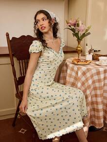 Sweet Ditsy Floral Wide Shoulder Sleeve A-Line Women Nightgown - Multicolor - View 6