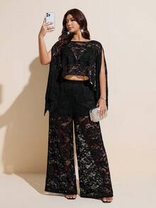 Viva Relle Plus Size Long Lace Shawl Elegant 2 Pieces Set Fall - Black - View 2