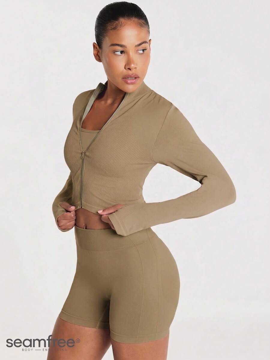 11SKNDS Ribbed Seamless Zip-Up Crop Jacket Long Sleeve Mock Neck Body-Enhancing Fitted Activewear Top - Mocha Brown - View 1