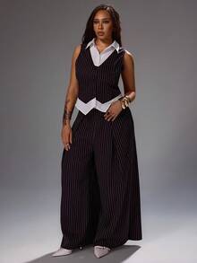 Rustia Plus Size 2 Pieces Set Casual Comfortable Vest Top And Long Pants Set, Spring Summer Autumn - Brown - View 5