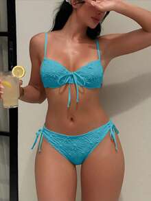 Swim Mod 女款休閒度假海灘派對優雅細肩帶特殊面料純黃色比基尼兩件式泳衣夏季新款 - 霧霾藍 - 查看 3