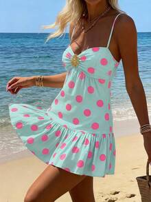 SHEIN EZwear 女士复古绿底粉色波点V领无袖连衣裙，饰有褶皱花卉图案和层叠荷叶边下摆，优雅的法式海滩度假风，性感迷人，适合派对、音乐节、情人节约会，春夏休闲浪漫迷你连衣裙 - 彩色 - 查看 8
