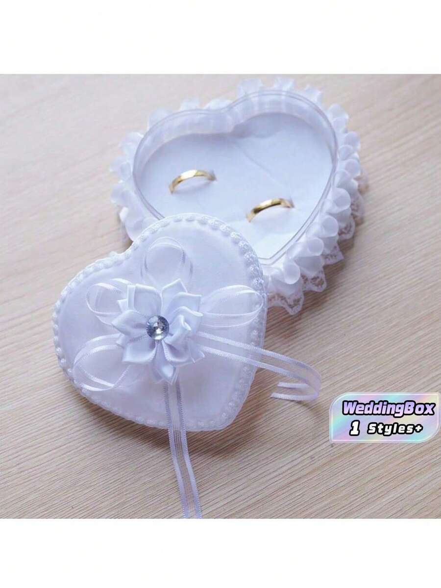 1 st romantisk hjärtformad ringbox i vit satin med blomma och glittrande strass, för brud- och tärnringsförvaring, bröllopsringförvaring, bröllopsdekoration (ringar ingår ej), passar alla bröllop - Vit - Visa 1