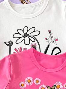 (Patrón aleatorio, 2 sets aleatorios) Conjunto de camiseta corta básica y pantalones cortos para niñas, diseño creativo fresco de verano con estampado floral colorido, corazón hueco y estampado de leopardo, cómodo para uso diario - Multicolor - Ver 6
