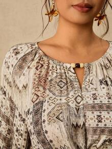 Travachic Plus Size Bohemian Boho Geometric Print Shirt With Wooden Bead Decor + Fitted Cut Vintage Vacation Style Summer Versatile Sleeveless Top Blouse Beige - Multicolor - View 4