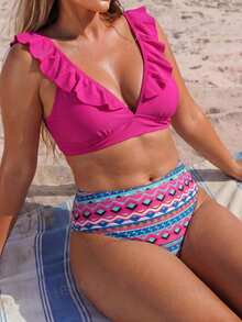 Swim Lushoire Plus Size Women Summer Vacation Ruffle Trim Tankini Top And Printed Triangle Bottoms 2 Pieces Swimwear - Hot Pink - View 4
