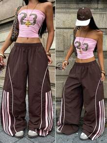Coolane Pantalones de pierna ancha negros básicos para mujer, estilo streetwear vintage, para otoño/invierno, festival, salir, regreso a casa y uso diario - Marrón - Ver 2