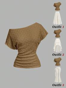 SHEIN MOD Camiseta casual versátil con fruncido asimétrico para primavera/verano - Marrón Mocha - Ver 2