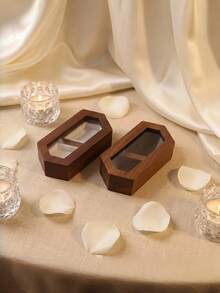 1 Pack Double Compartment Black Walnut Wood Vintage Shaped Ring Box With Clear Viewing Window Soft Velvet Lining Secure Magnetic Closure For Wedding Band Storage Engagement Proposal Anniversary Valentine Gift - Multicolor - View 10