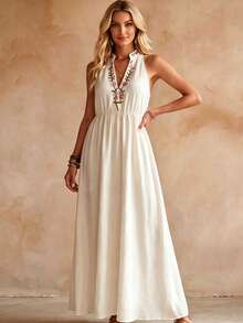 LUMIGAL Women's V-Neck Floral Embroidered Pleated Casual Everyday Dress - Apricot - View 6