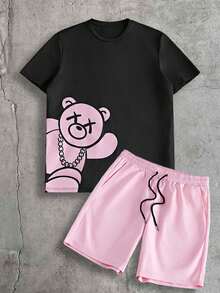 AXEPEAK Casual Bear Print Men's T-Shirt And Shorts Set - Multicolor - View 1