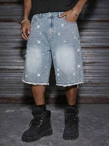 AXEPEAK Men's Black Washed Rhinestone Studded CraftsmanshipBermuda Shorts - Light Wash - View 1