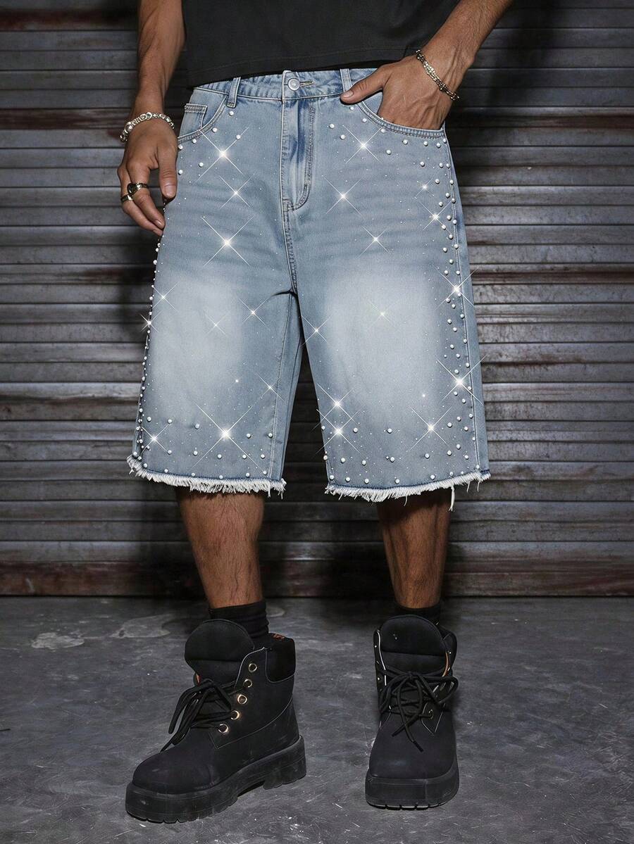 AXEPEAK Men's Black Washed Rhinestone Studded CraftsmanshipBermuda Shorts - Light Wash - View 1